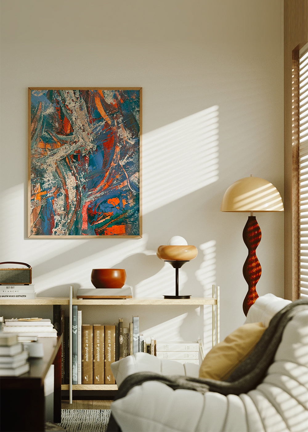 Abstract kunstwerk met blauw en oranje penseelstreken