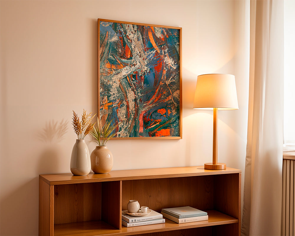 Abstract kunstwerk met blauw en oranje penseelstreken