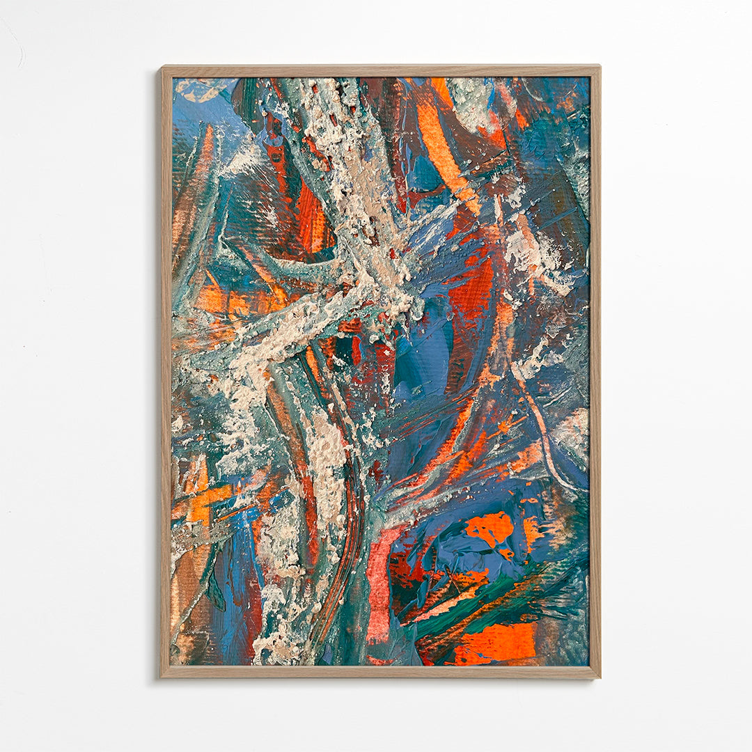 Abstract kunstwerk met blauw en oranje penseelstreken