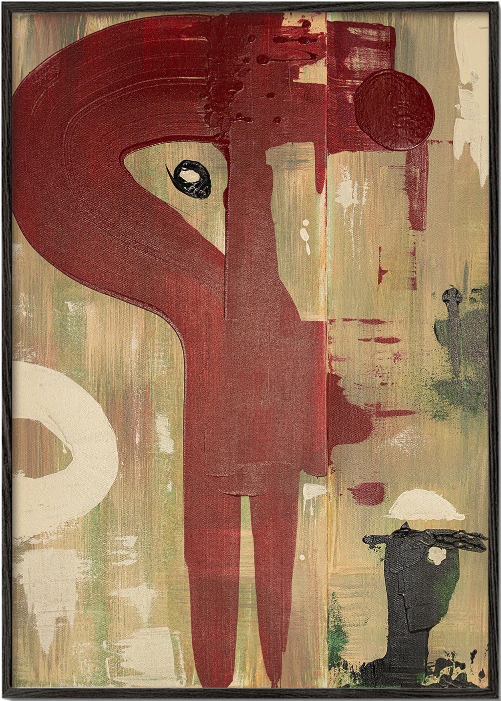Abstracte poster: rode figuur op gestructureerde achtergrond