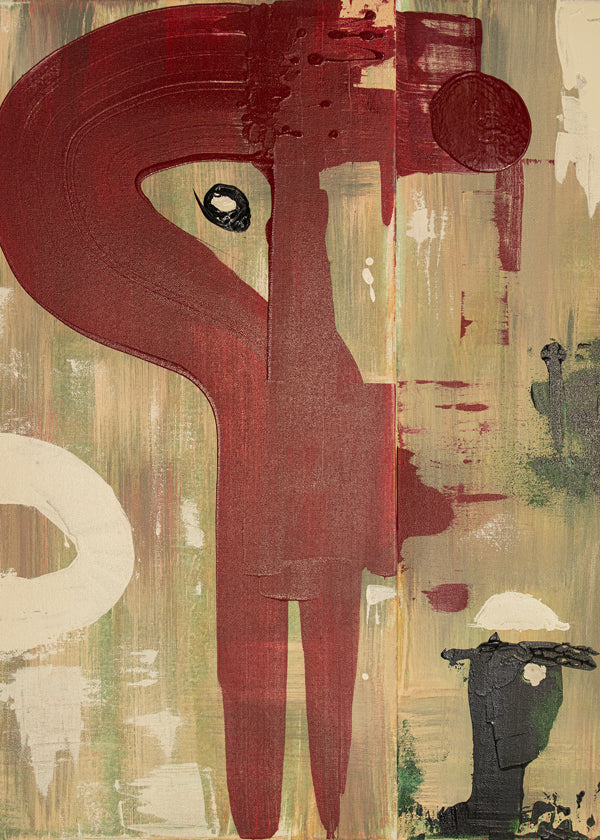 Abstracte poster: rode figuur op gestructureerde achtergrond