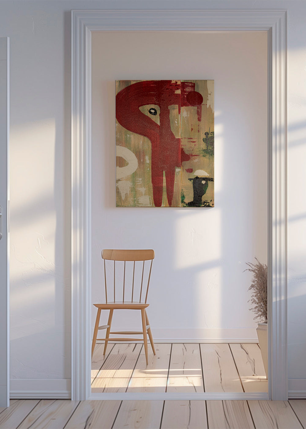 Abstracte poster: rode figuur op gestructureerde achtergrond