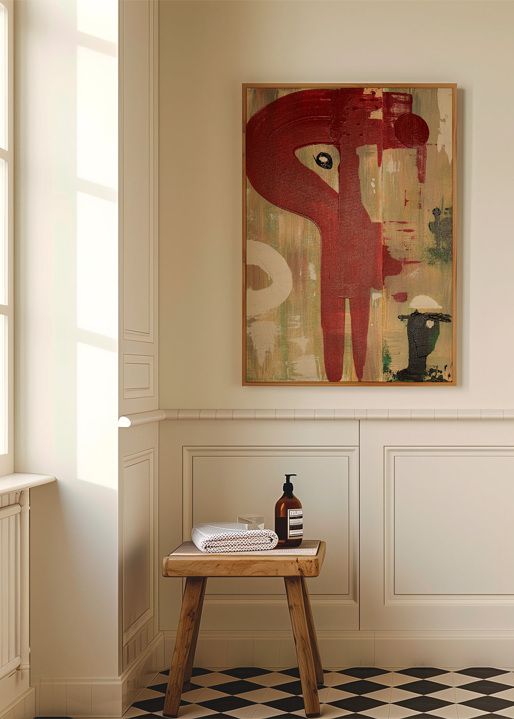 Abstracte poster: rode figuur op gestructureerde achtergrond