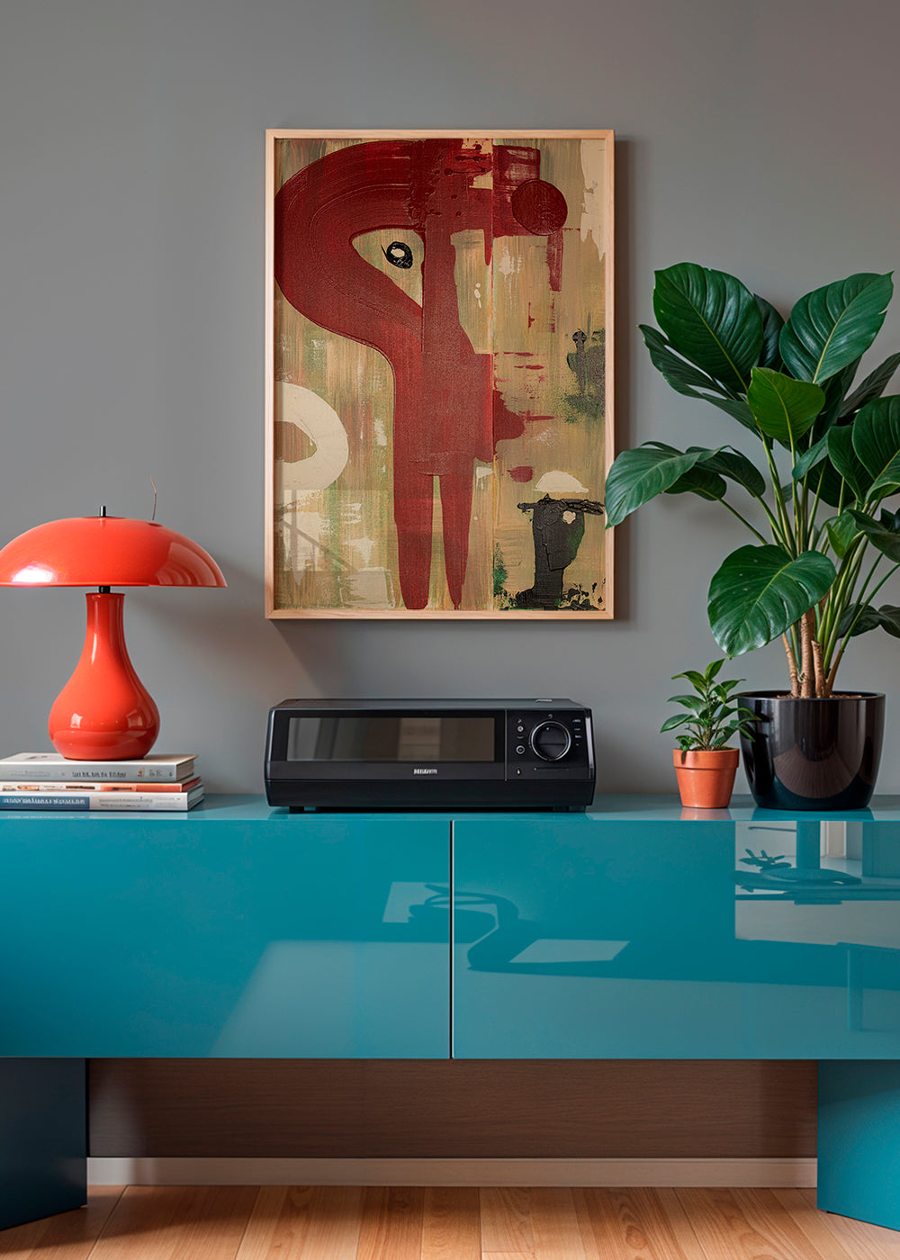 Abstracte poster: rode figuur op gestructureerde achtergrond