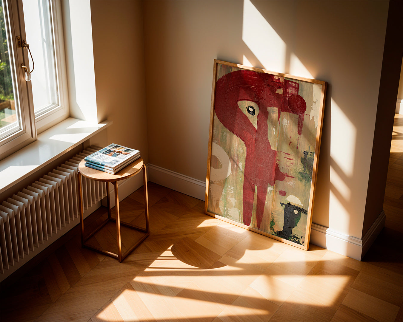Abstracte poster: rode figuur op gestructureerde achtergrond