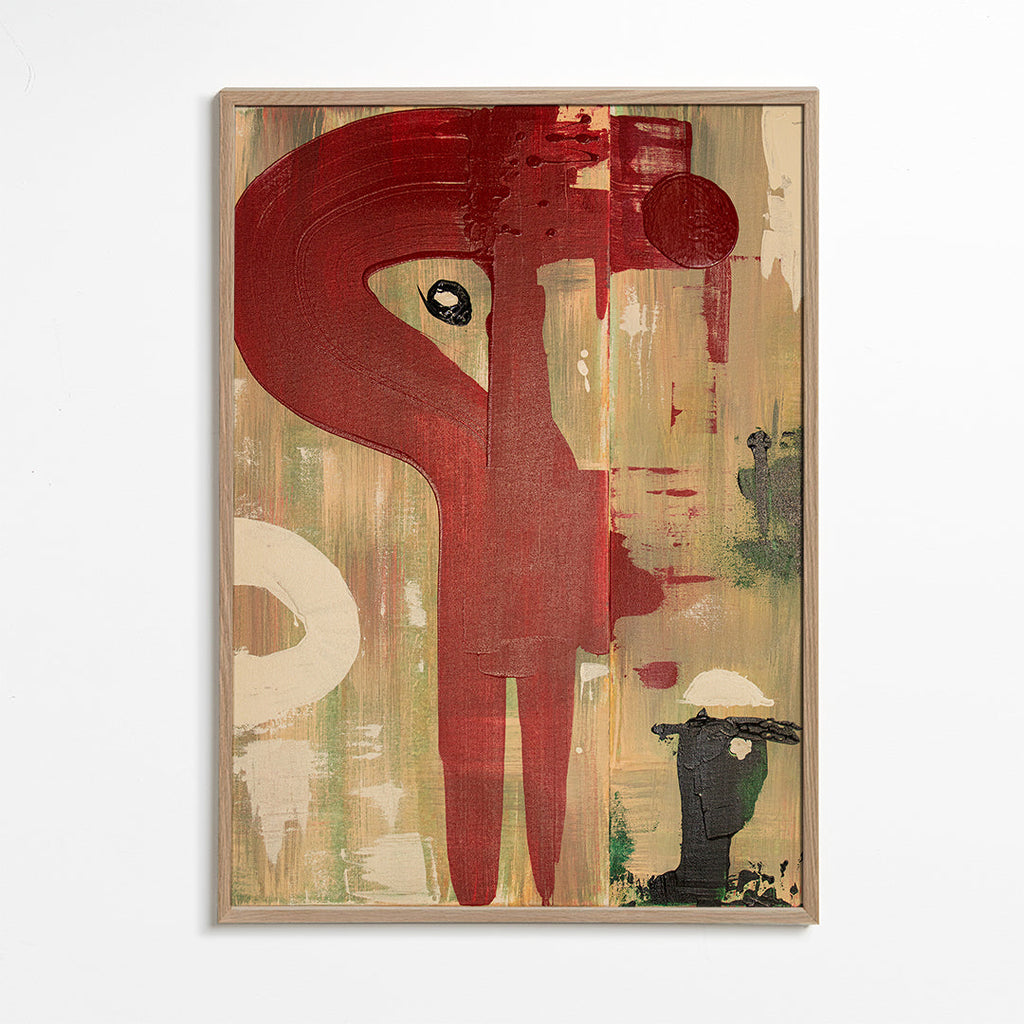 Abstracte poster: rode figuur op gestructureerde achtergrond