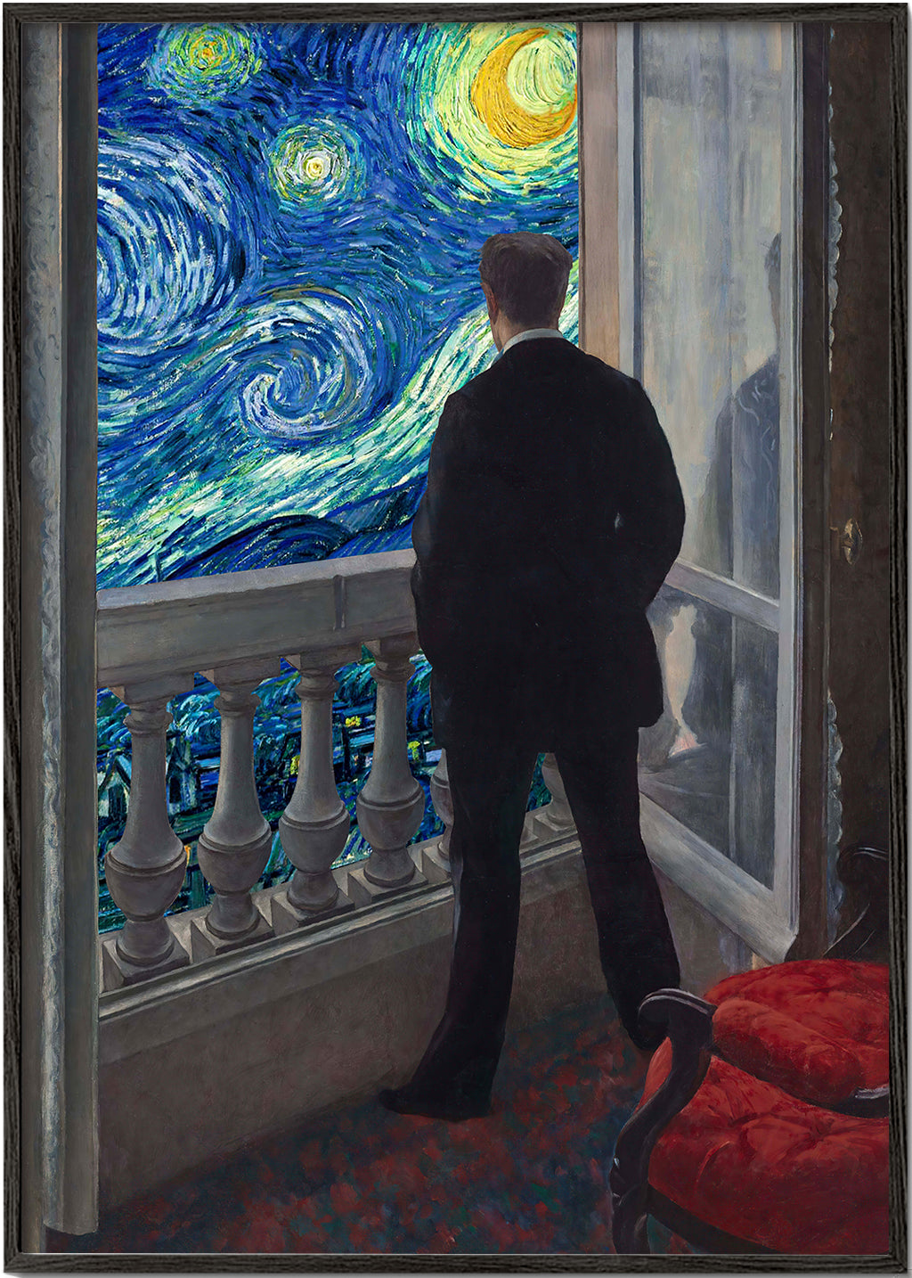 Landschapschilderij met man op balkon