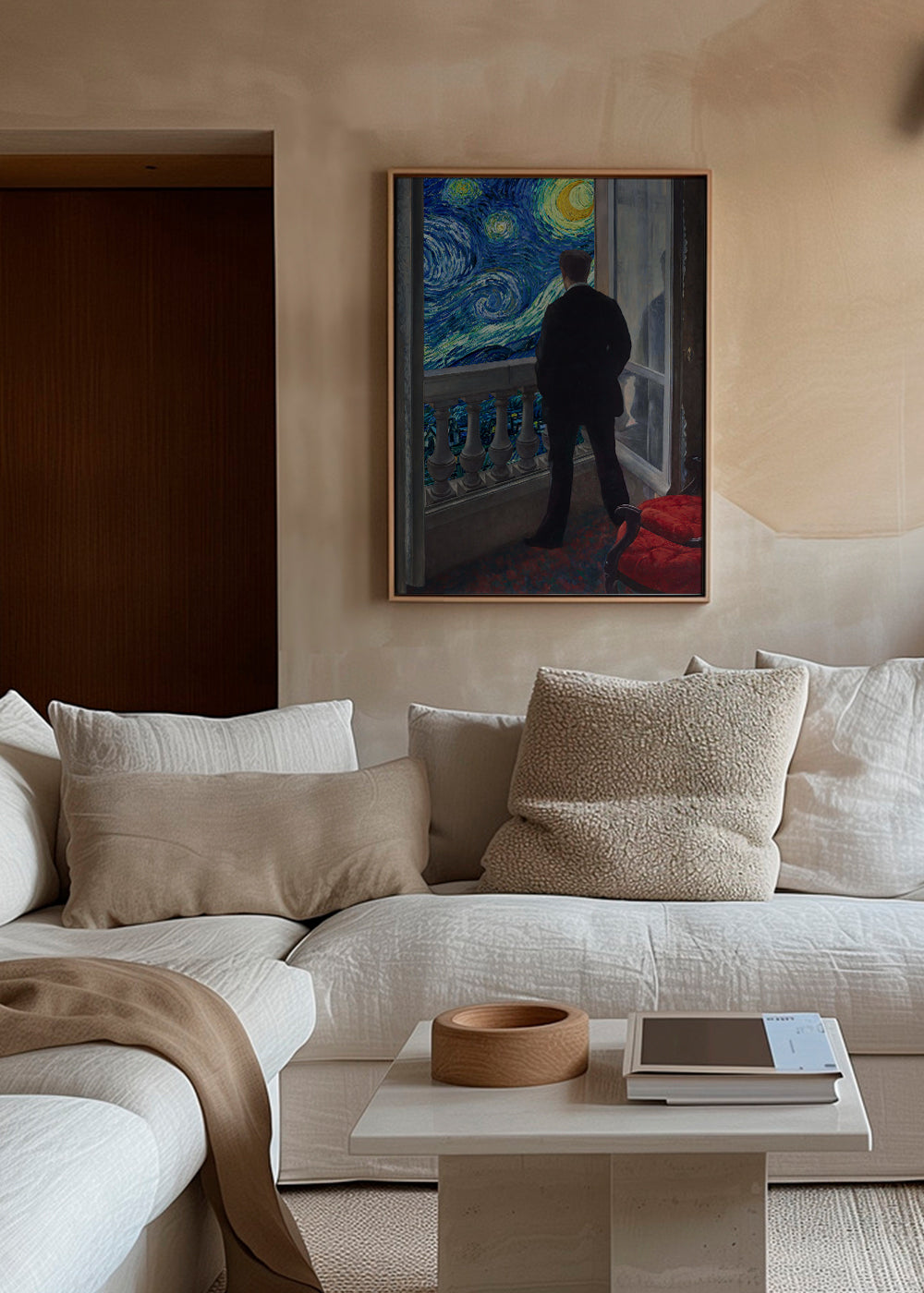 Landschapschilderij met man op balkon