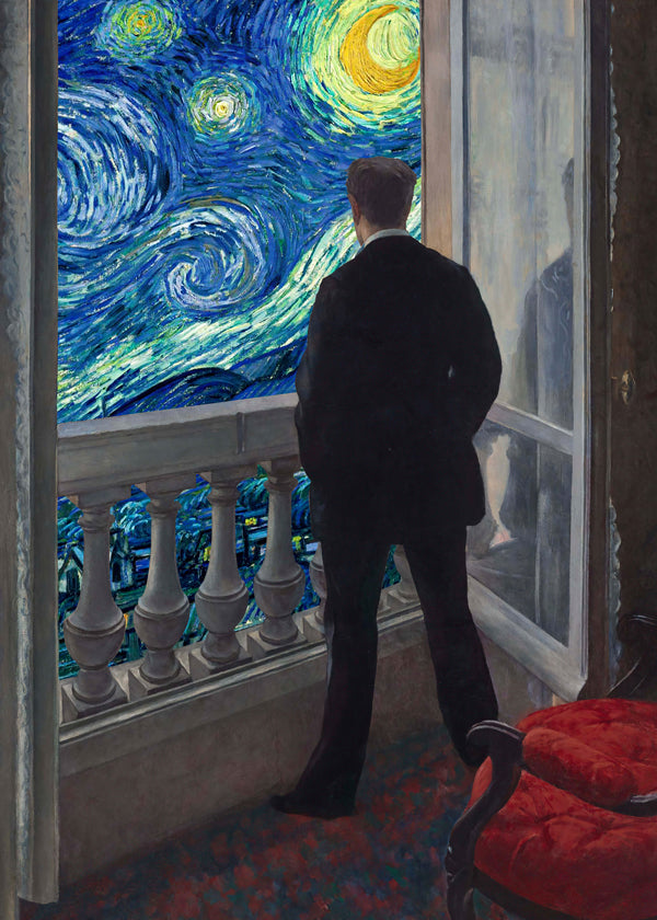 Landschapschilderij met man op balkon