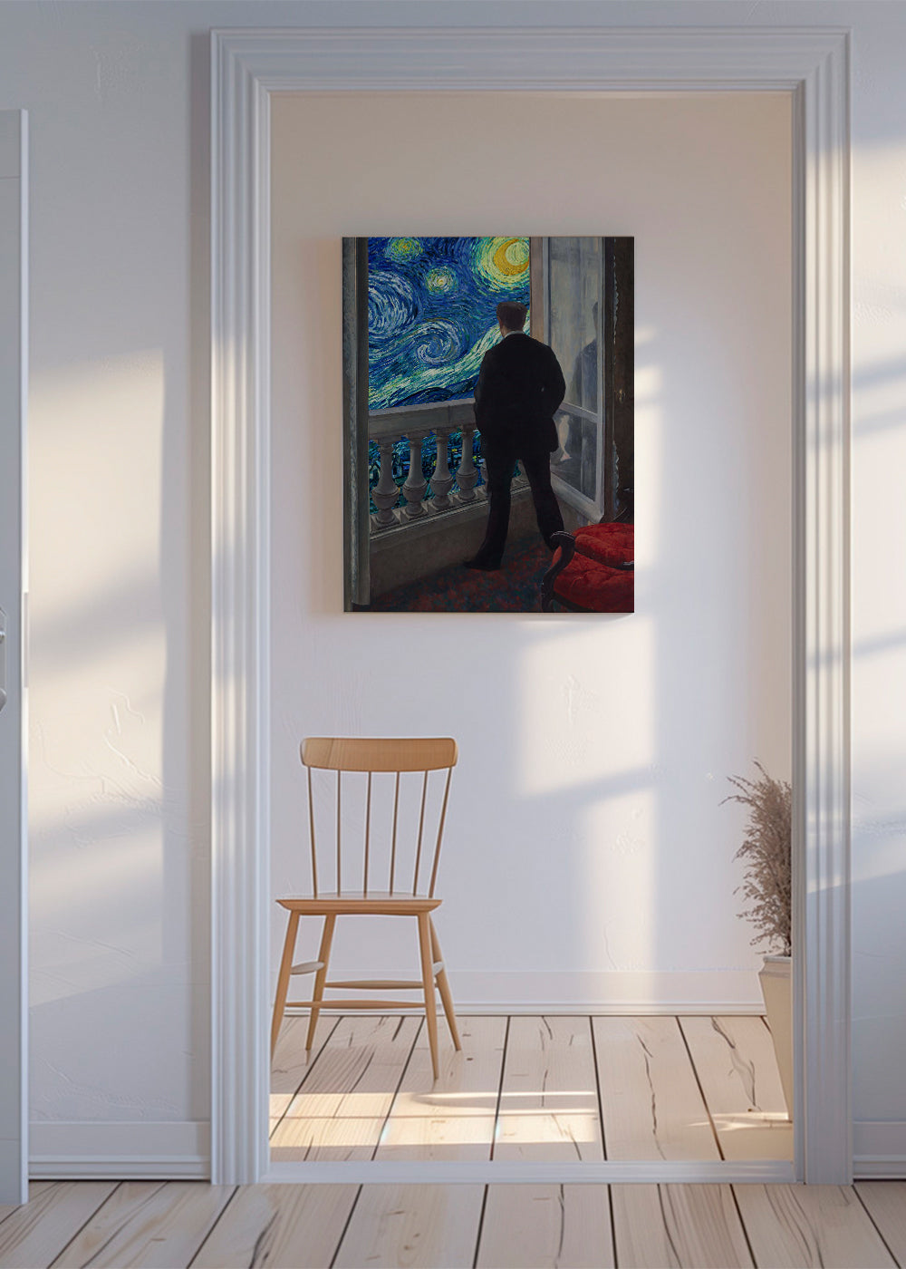 Landschapschilderij met man op balkon
