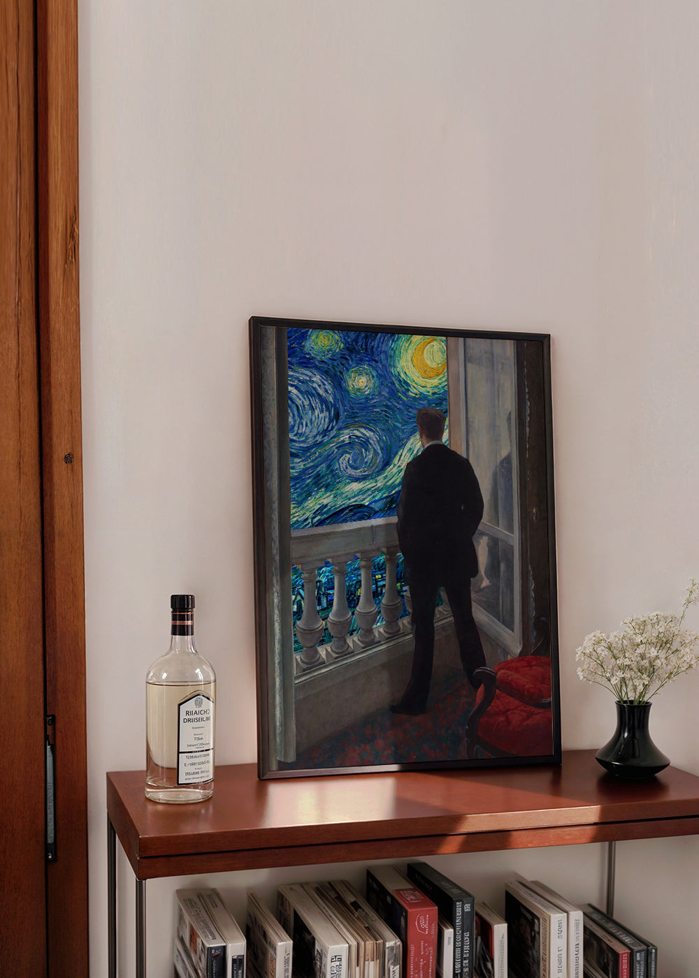 Landschapschilderij met man op balkon