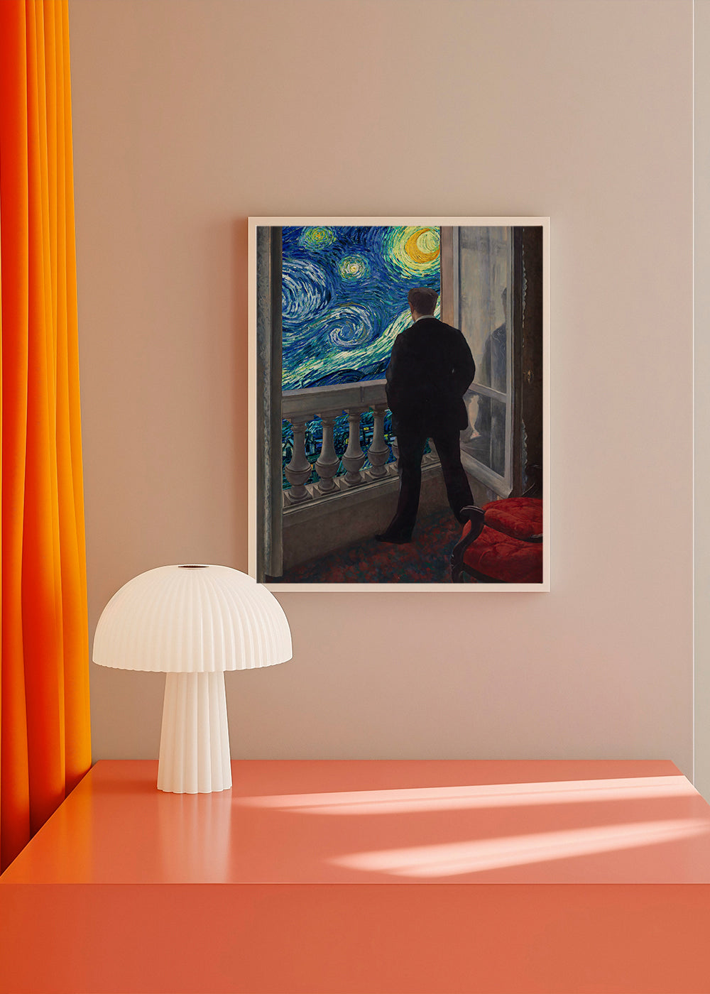Landschapschilderij met man op balkon