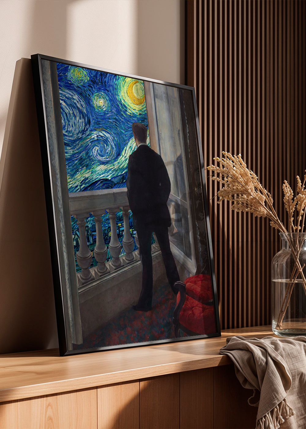 Landschapschilderij met man op balkon