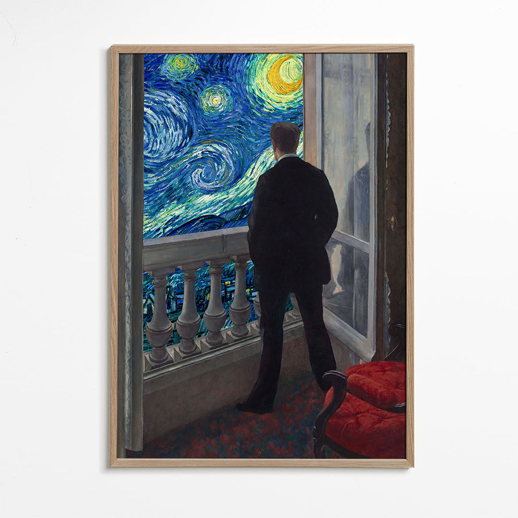 Landschapschilderij met man op balkon