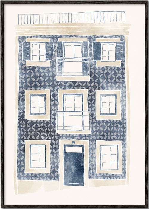 Illustratie van blauwe gevel met balkons – Black Frame