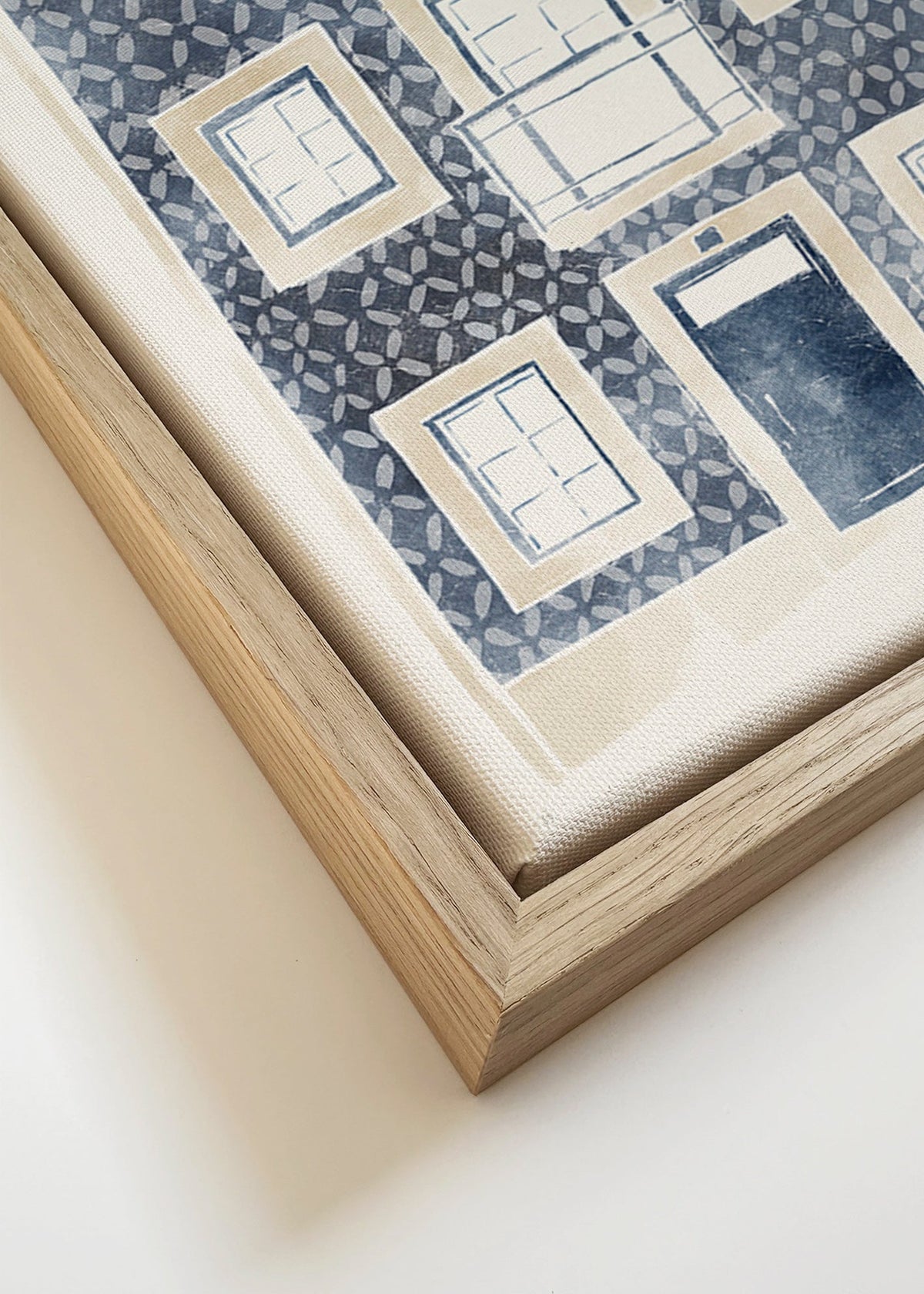 Illustratie van blauwe gevel met balkons – Canvas detail