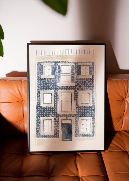 Illustratie van blauwe gevel met balkons – Product1