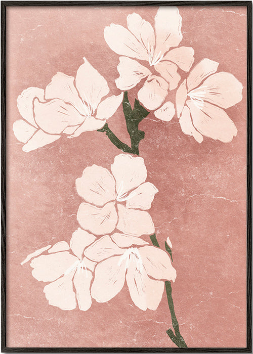 Botanische print roze bloemen met vintage textuur – Black Frame