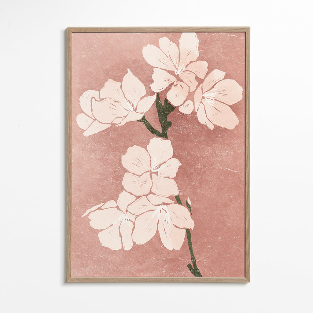 Botanische print roze bloemen met vintage textuur – Oak Frame