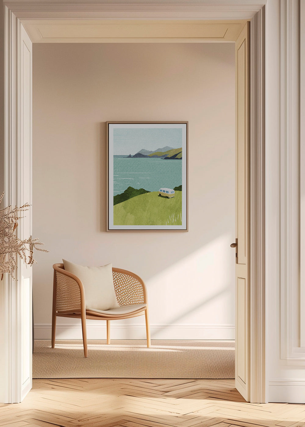 Landschapsafbeelding met busje aan zee