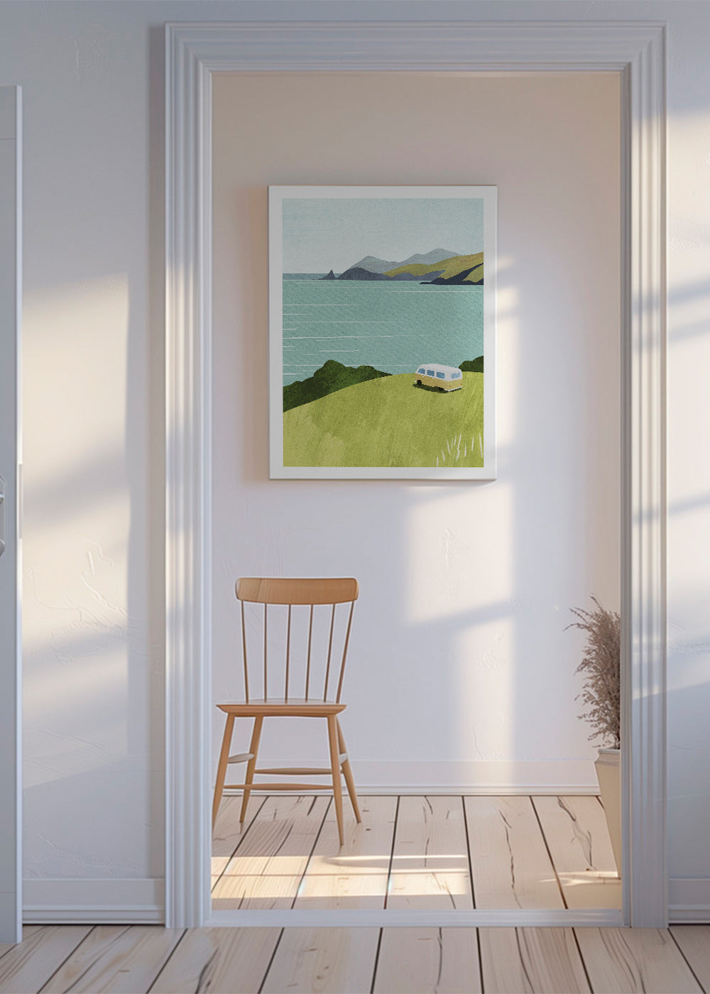 Landschapsafbeelding met busje aan zee