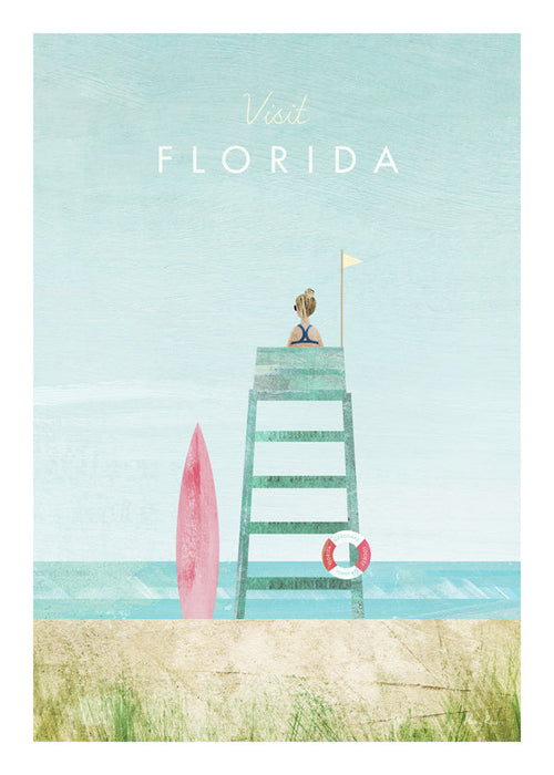 Illustratie Florida strand met uitkijkpost en surfplank
