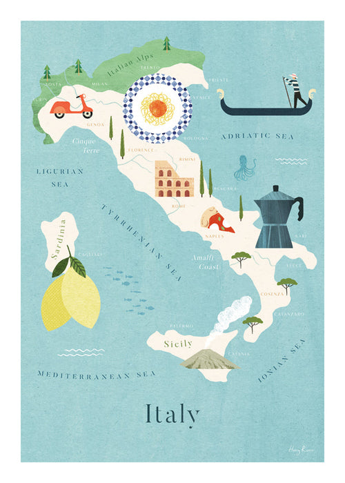 Reisposter: geïllustreerde kaart van Italië met culinaire iconen