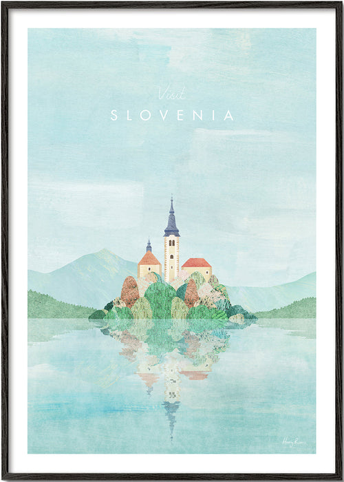 Stedenposter Slovenië: eilandkerk met reflectie