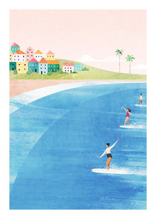Sportkunst met surfers op een pastelkleurig strand
