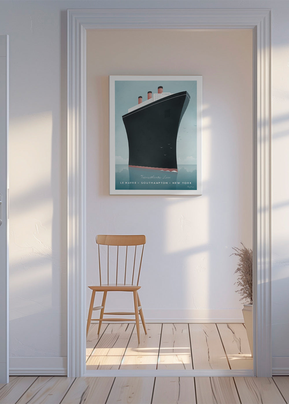 Reisposter met gestileerde scheepsboeg