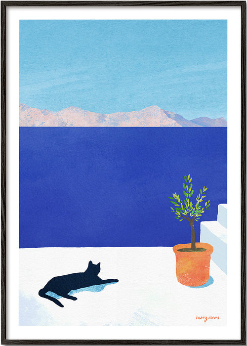 Kunstwerk zwarte kat op zonnig terras