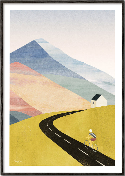 Landschap kunst met fietser op kronkelende bergweg