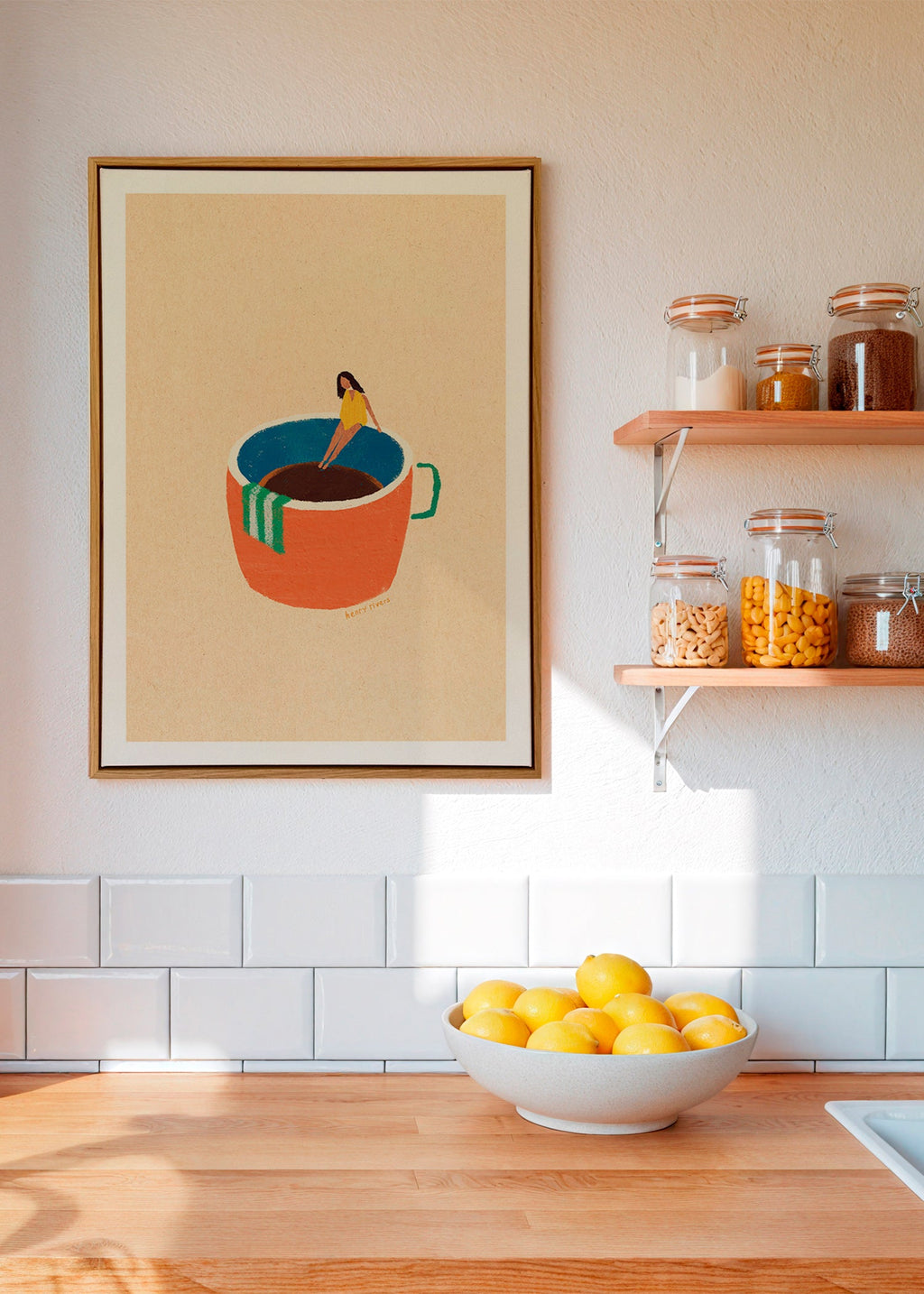Keuken kunst met geillustreerde koffiekop en figuur – Canvas1