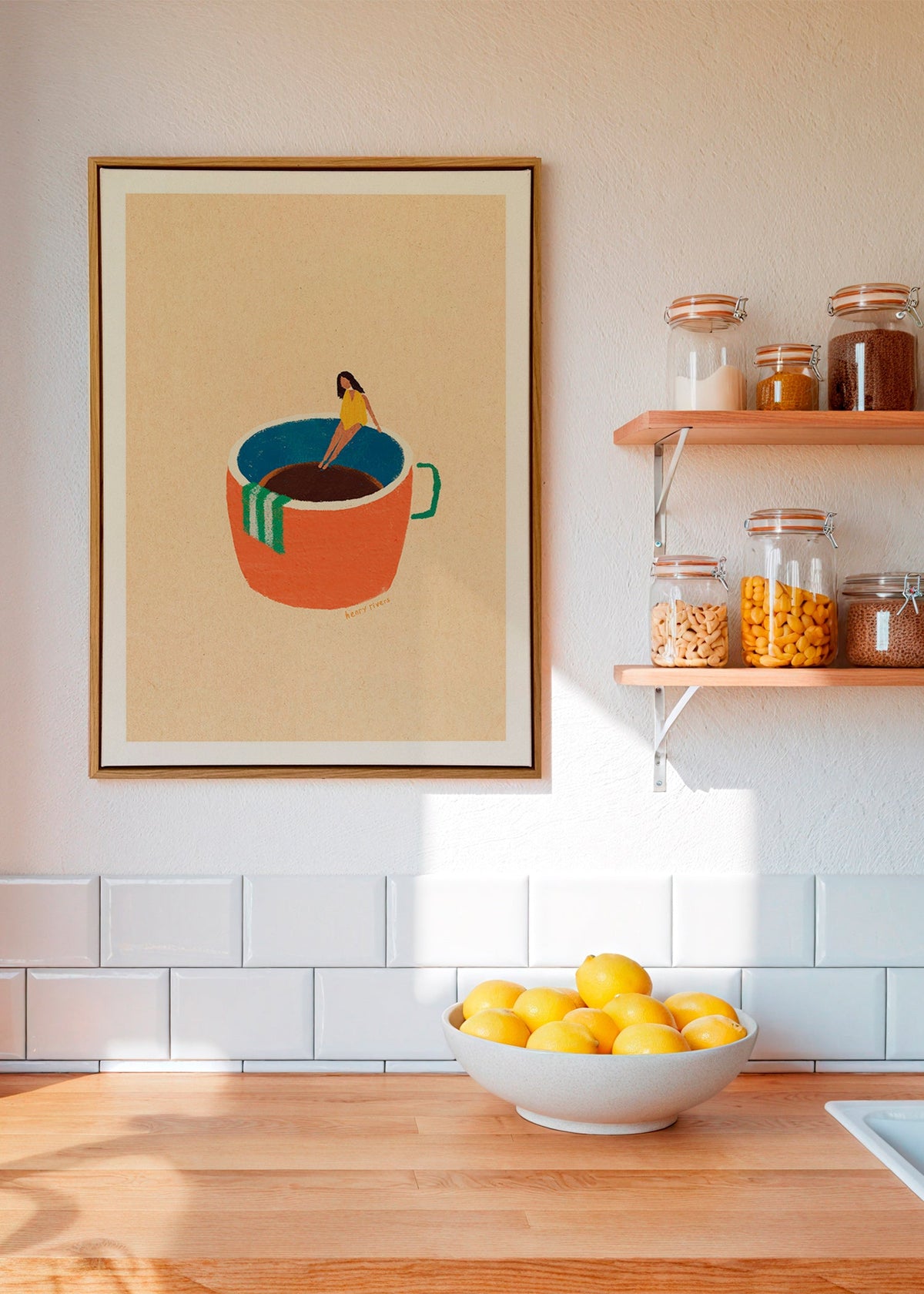 Keuken kunst met geillustreerde koffiekop en figuur – Canvas1