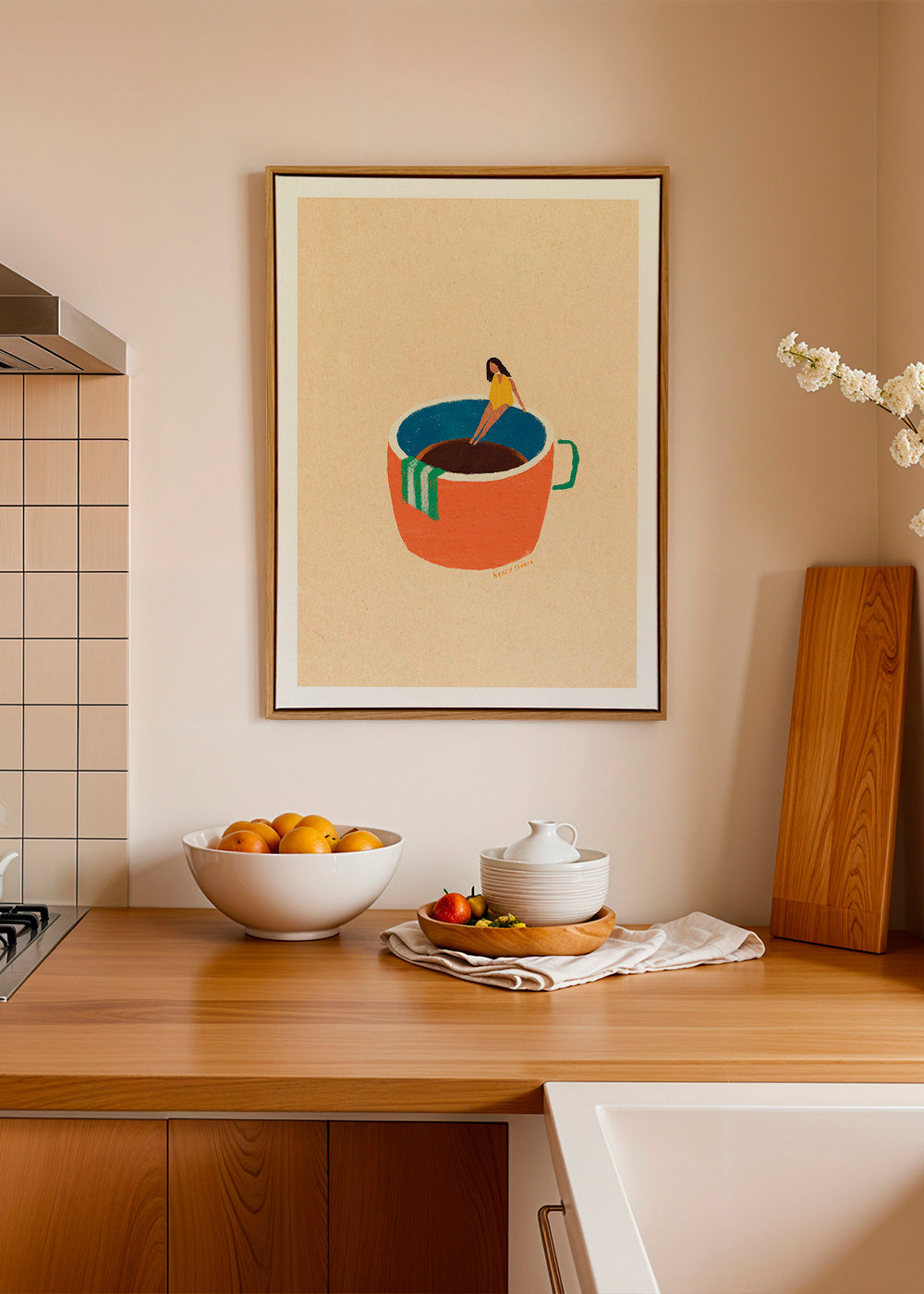 Keuken kunst met geillustreerde koffiekop en figuur – Canvas2