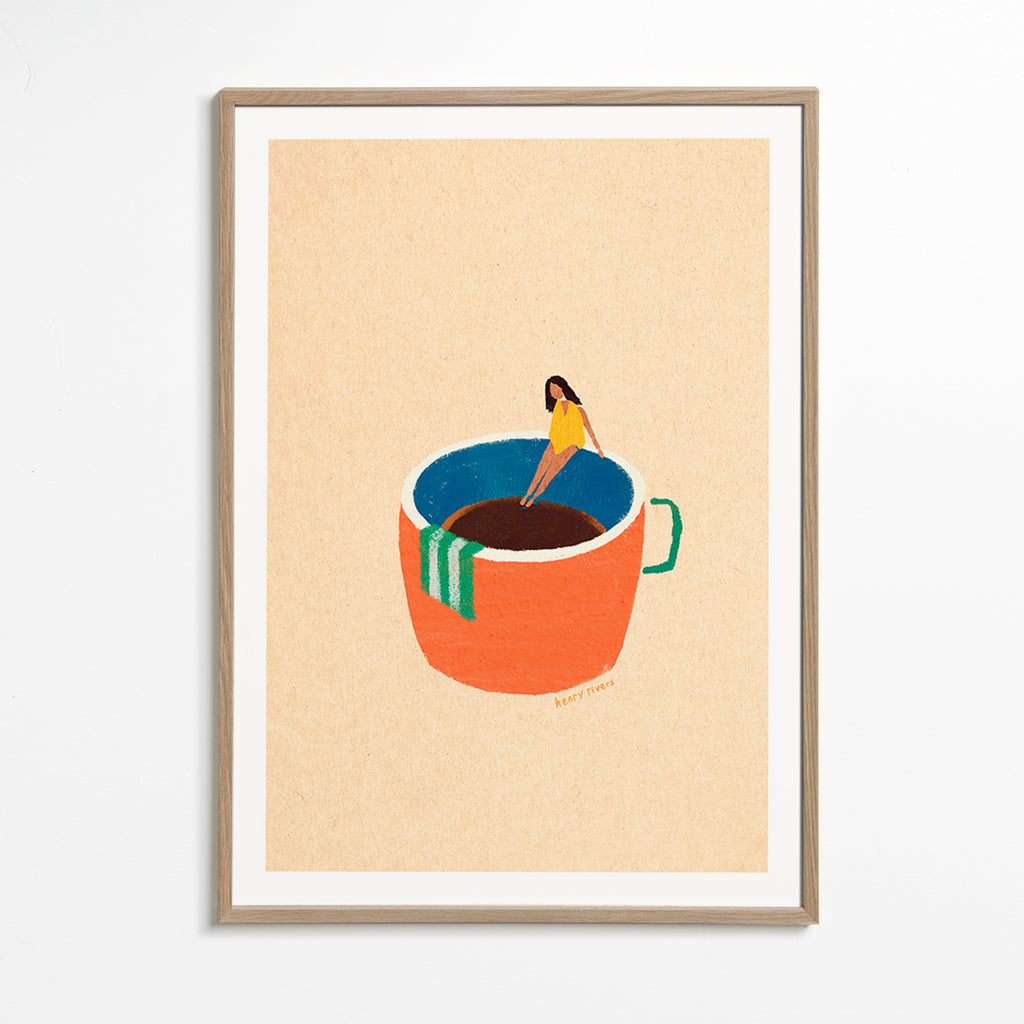 Keuken kunst met geillustreerde koffiekop en figuur – Oak Frame