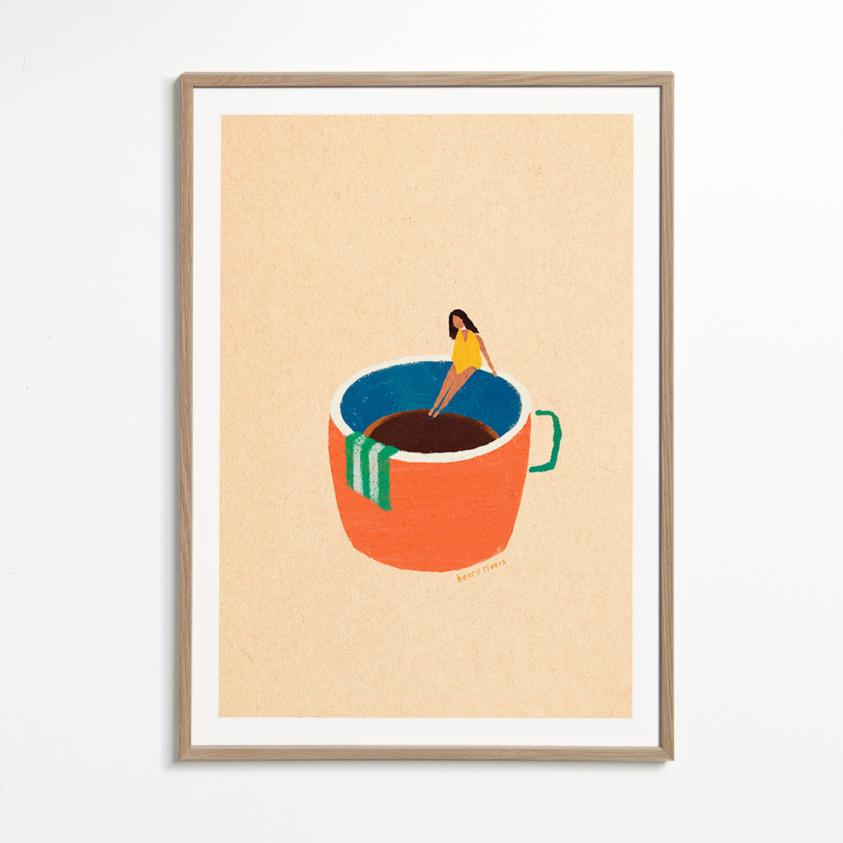Keuken kunst met geillustreerde koffiekop en figuur – Oak Frame