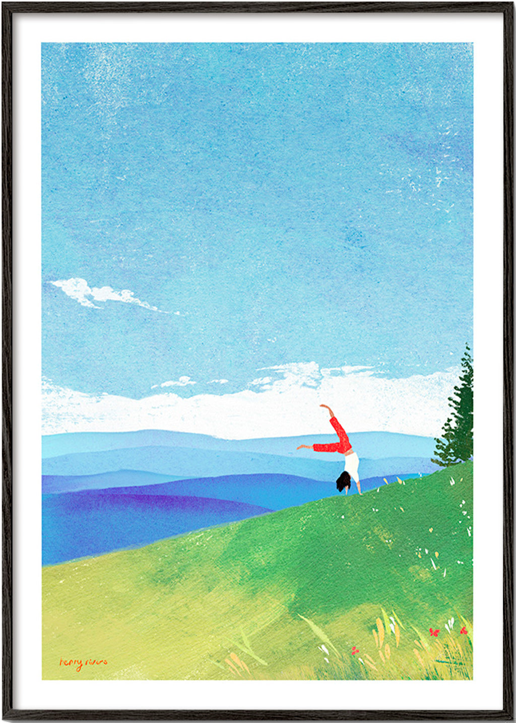 Landschap kunst met handstand op heuvel – Black Frame