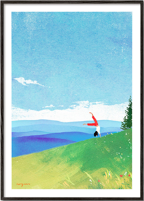 Landschap kunst met handstand op heuvel – Black Frame
