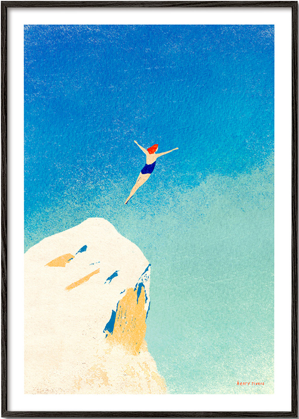 Illustratie: kliffen-duik tegen uitgestrekte blauwe lucht – Black Frame