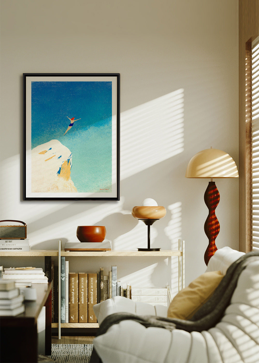 Illustratie: kliffen-duik tegen uitgestrekte blauwe lucht – Canvas2
