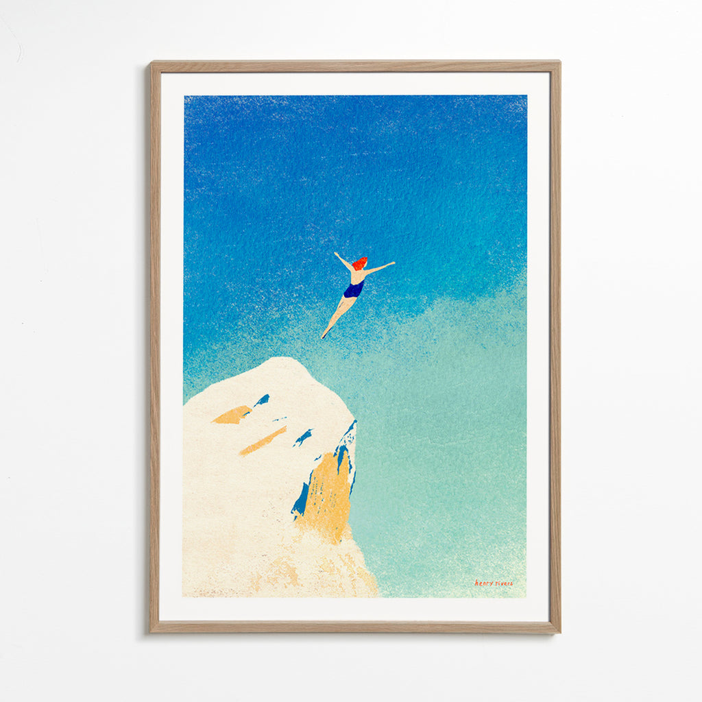 Illustratie: kliffen-duik tegen uitgestrekte blauwe lucht – Oak Frame