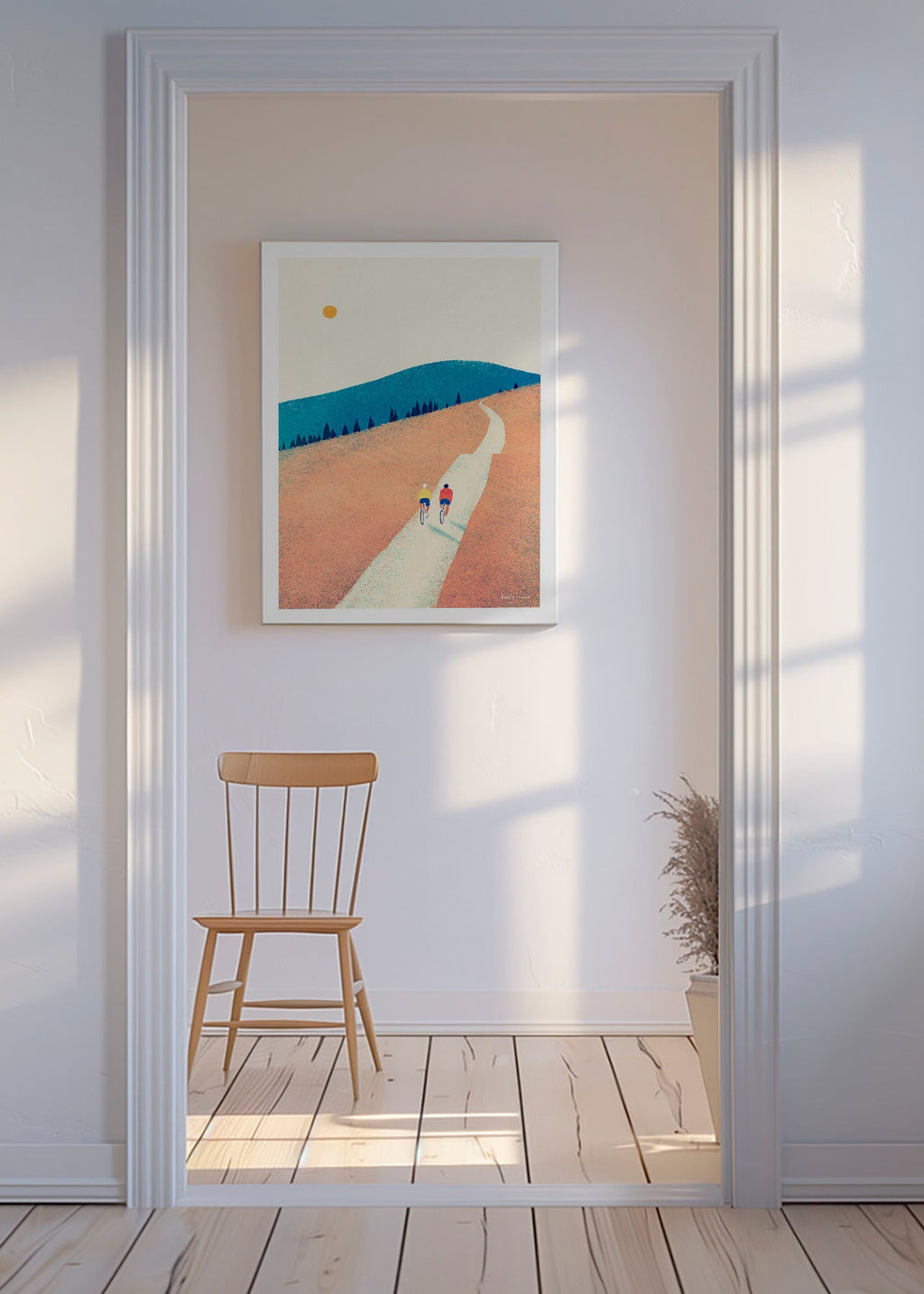 Keuken kunst met twee fietsers op een zonovergoten pad – Canvas