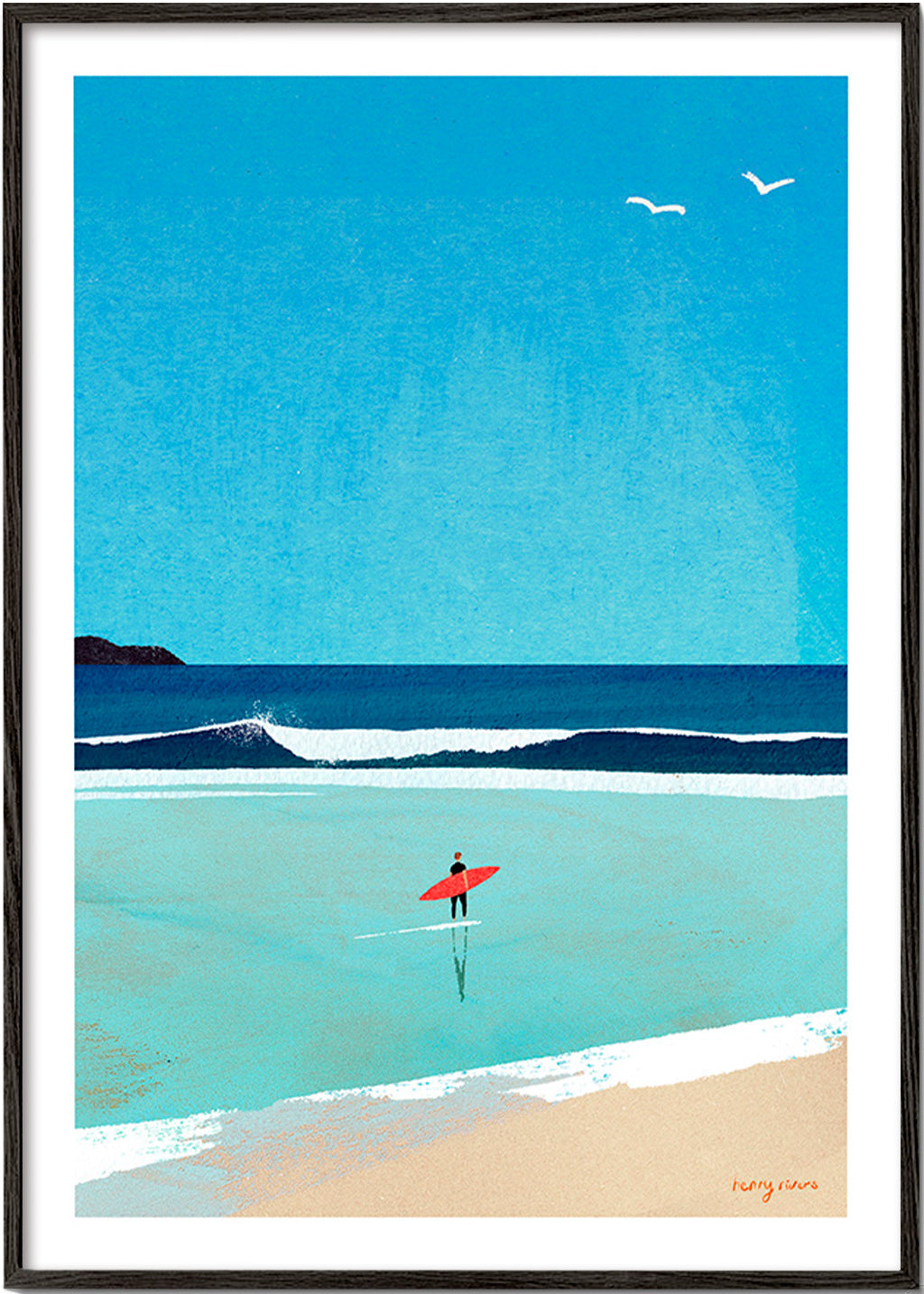 Sport kunst: surfer aan de oever – Black Frame