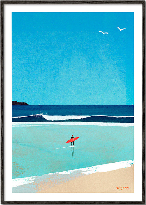 Sport kunst: surfer aan de oever – Black Frame