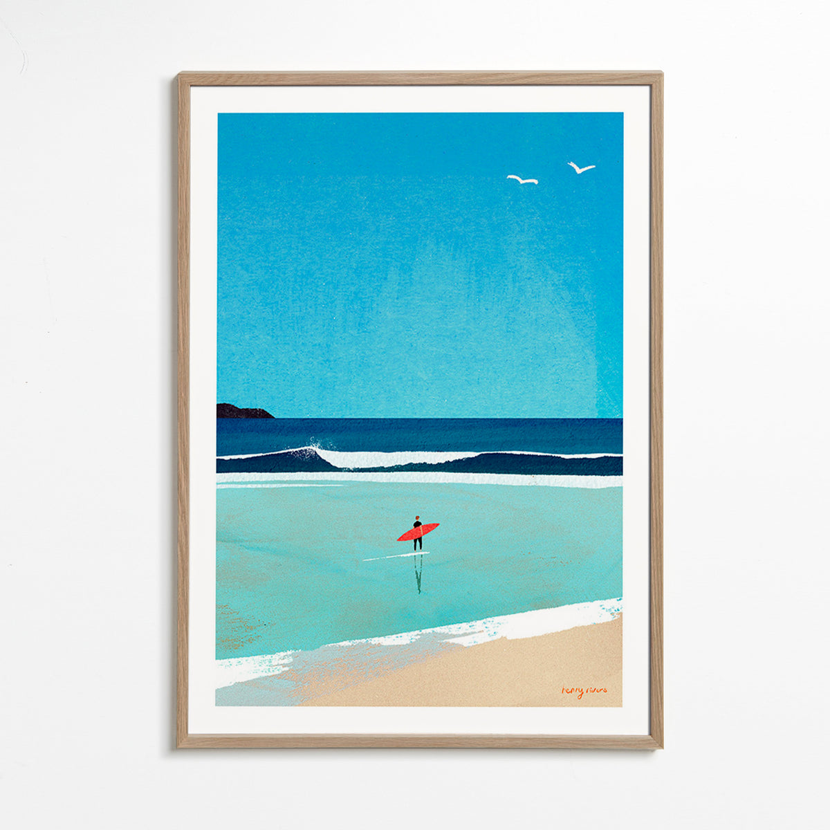 Sport kunst: surfer aan de oever – Oak Frame