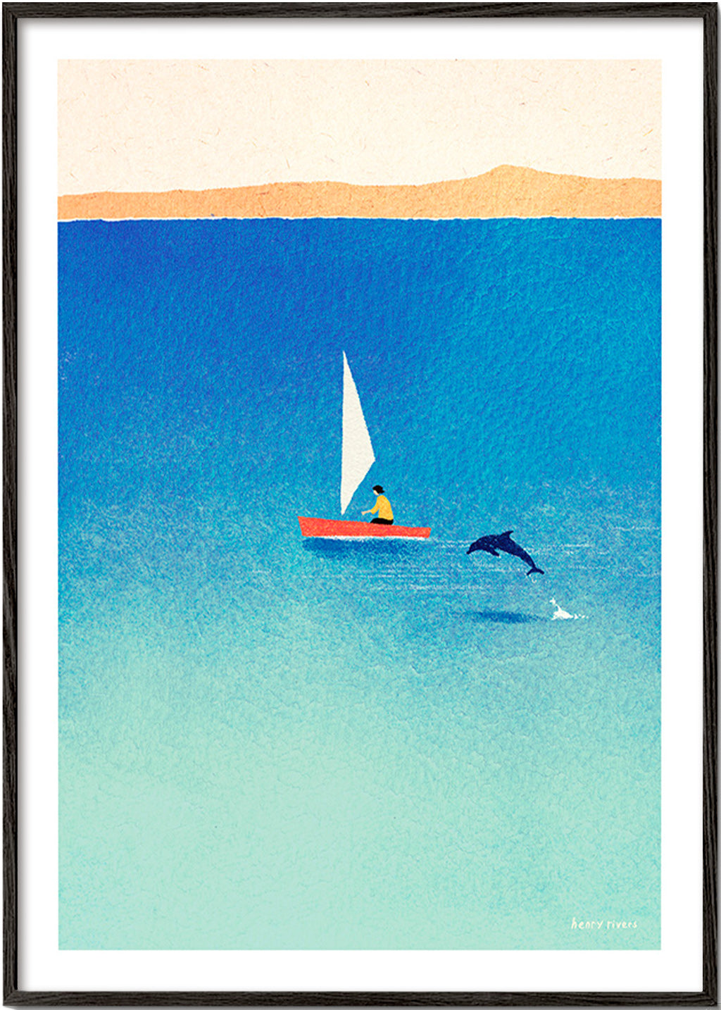 Kunstwerk met dolfijn en zeilboot op blauwe zee – Black Frame