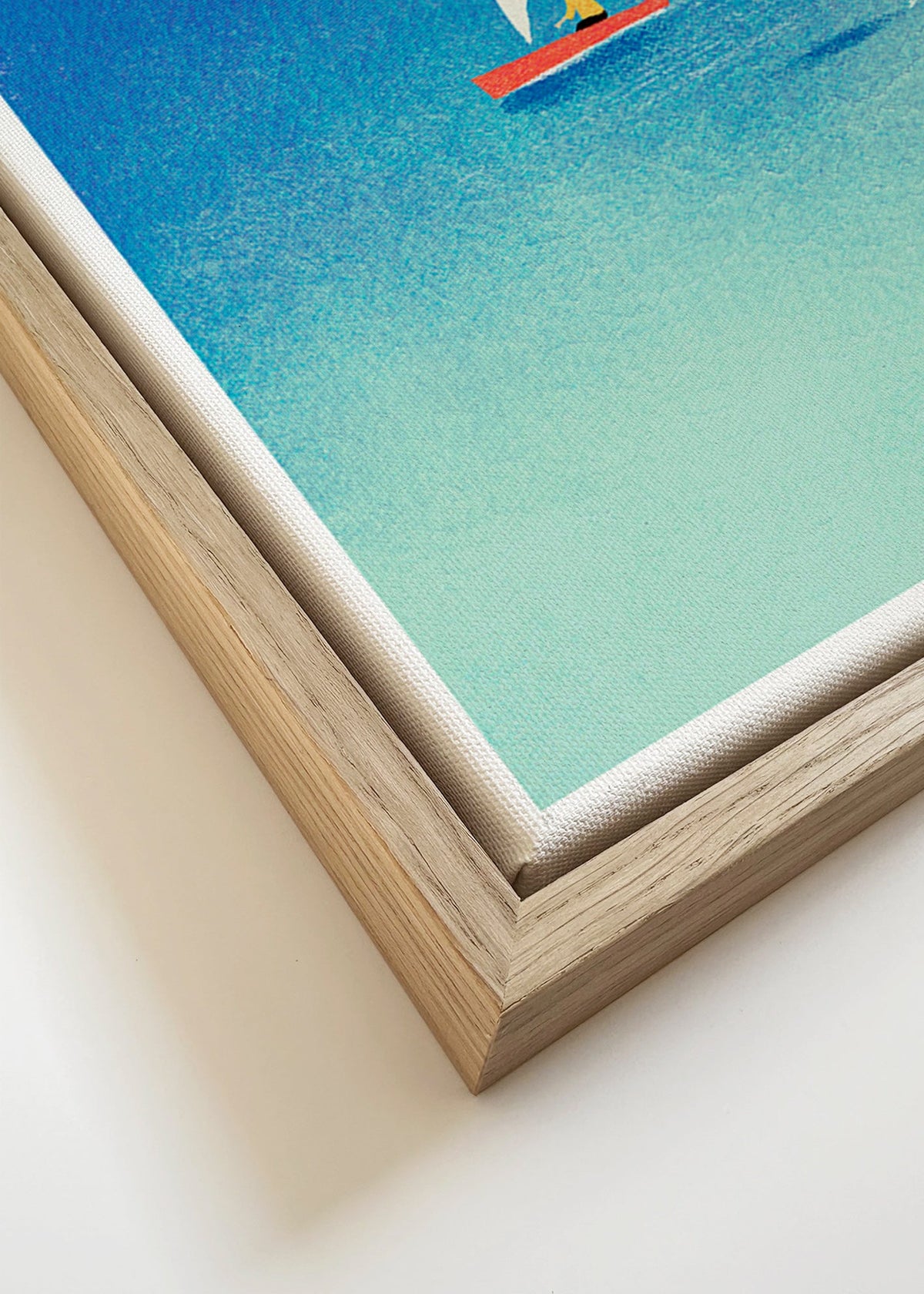 Kunstwerk met dolfijn en zeilboot op blauwe zee – Canvas detail