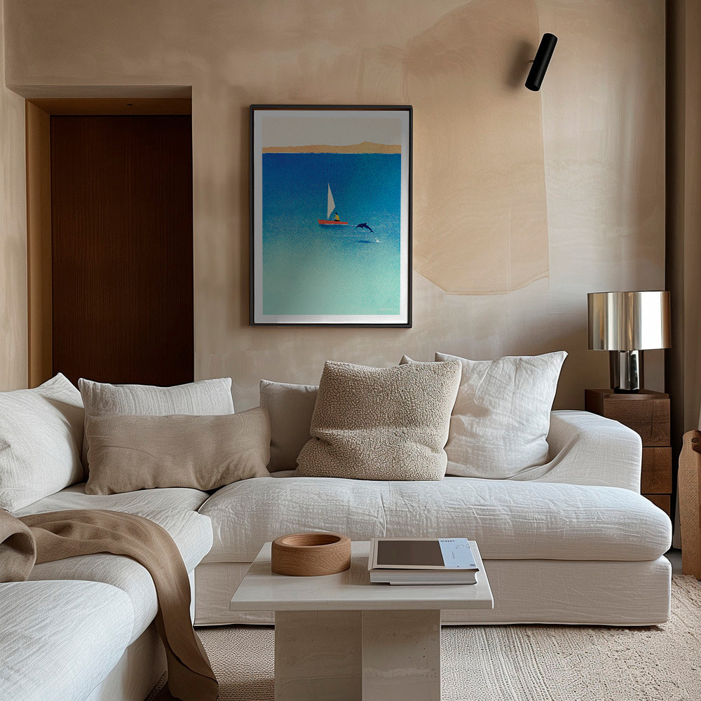 Kunstwerk met dolfijn en zeilboot op blauwe zee – Canvas1