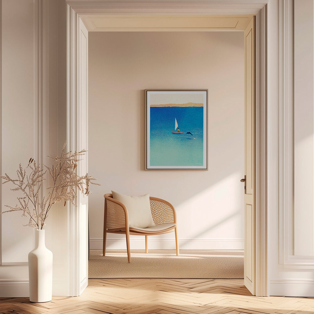 Kunstwerk met dolfijn en zeilboot op blauwe zee – Canvas2